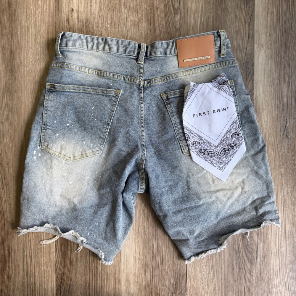 First Row Mens Distressed Denim Cargo Shorts Bandana Paint Splatter 32